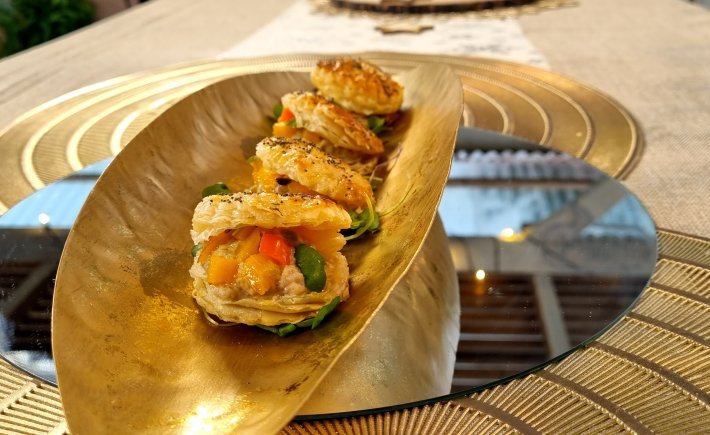 FEUILLETÉ SUCRÉ SALÉ AU BOUDIN DE POISSON FUMÉ